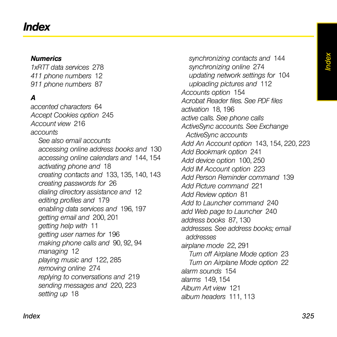 Palm Pre manual Index, Numerics 