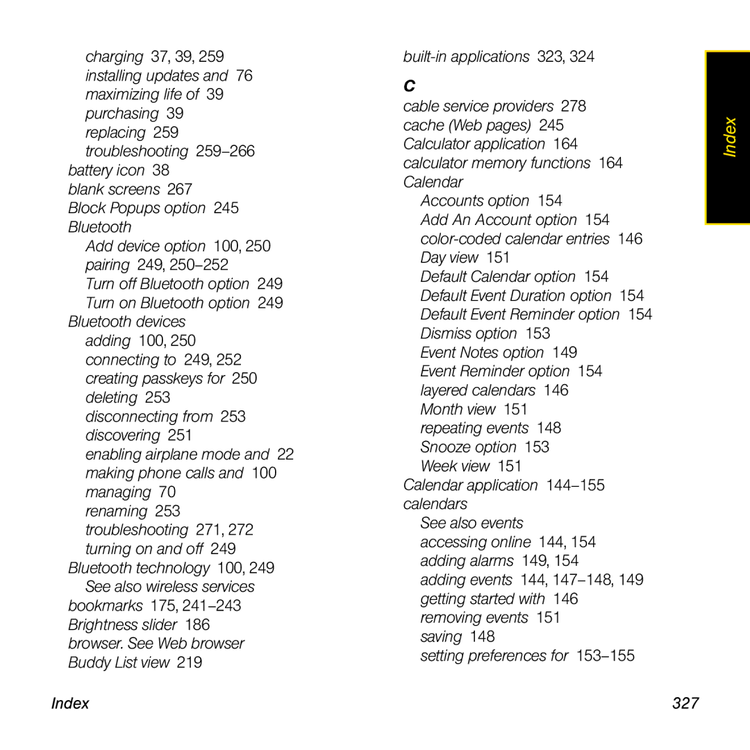 Palm Pre manual Index 327 