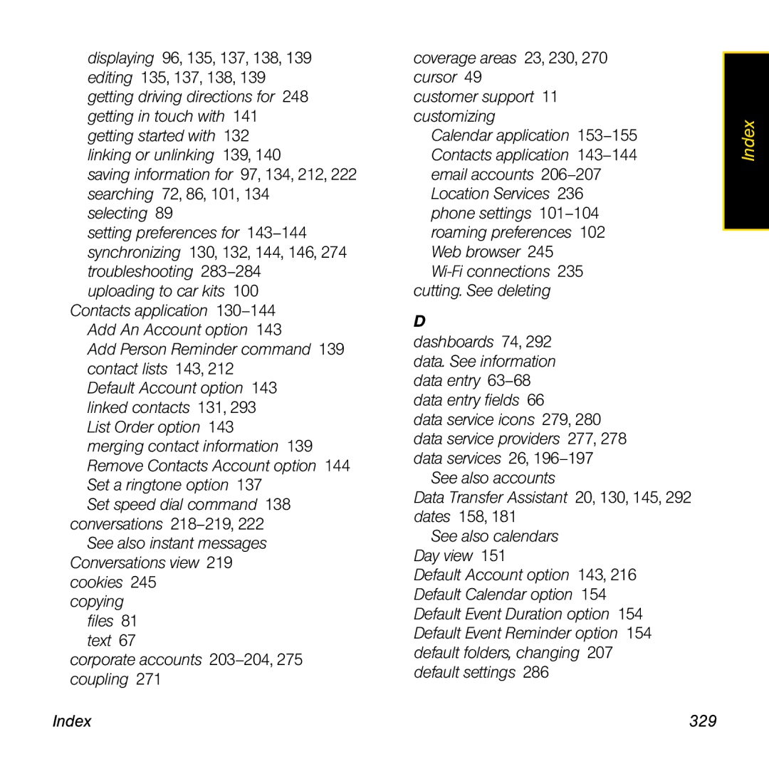 Palm Pre manual Index 329 