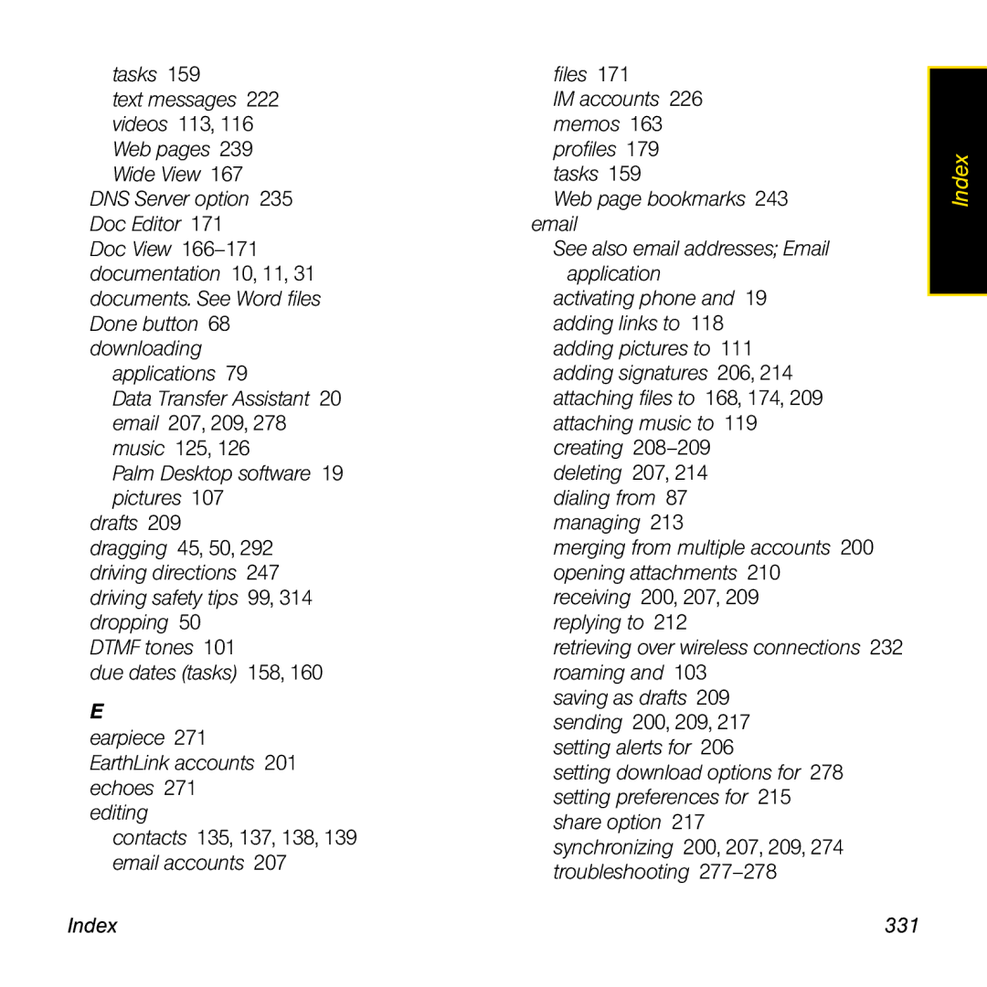 Palm Pre manual Index 331 