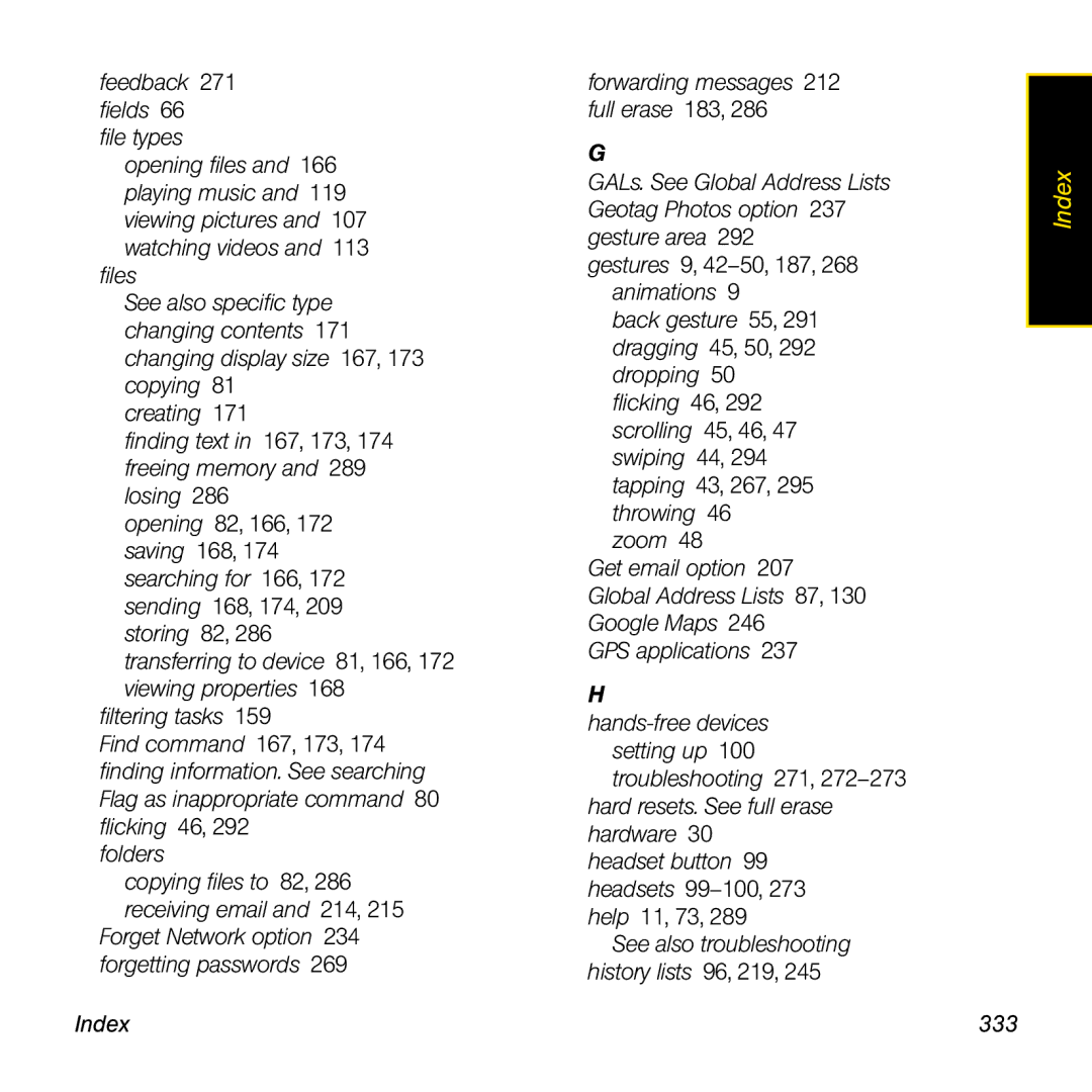 Palm Pre manual Index 333 