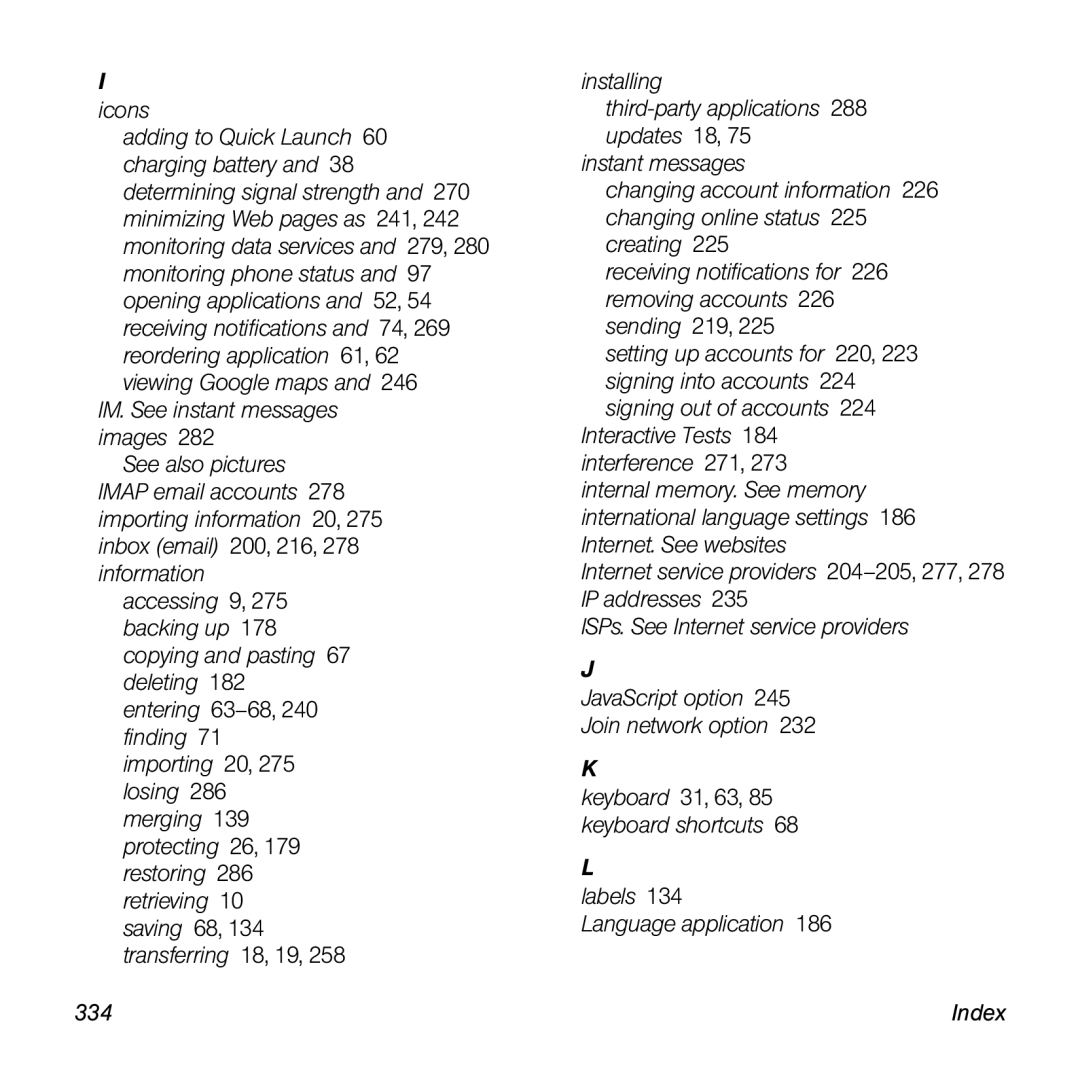 Palm Pre manual Labels Language application 334 Index 