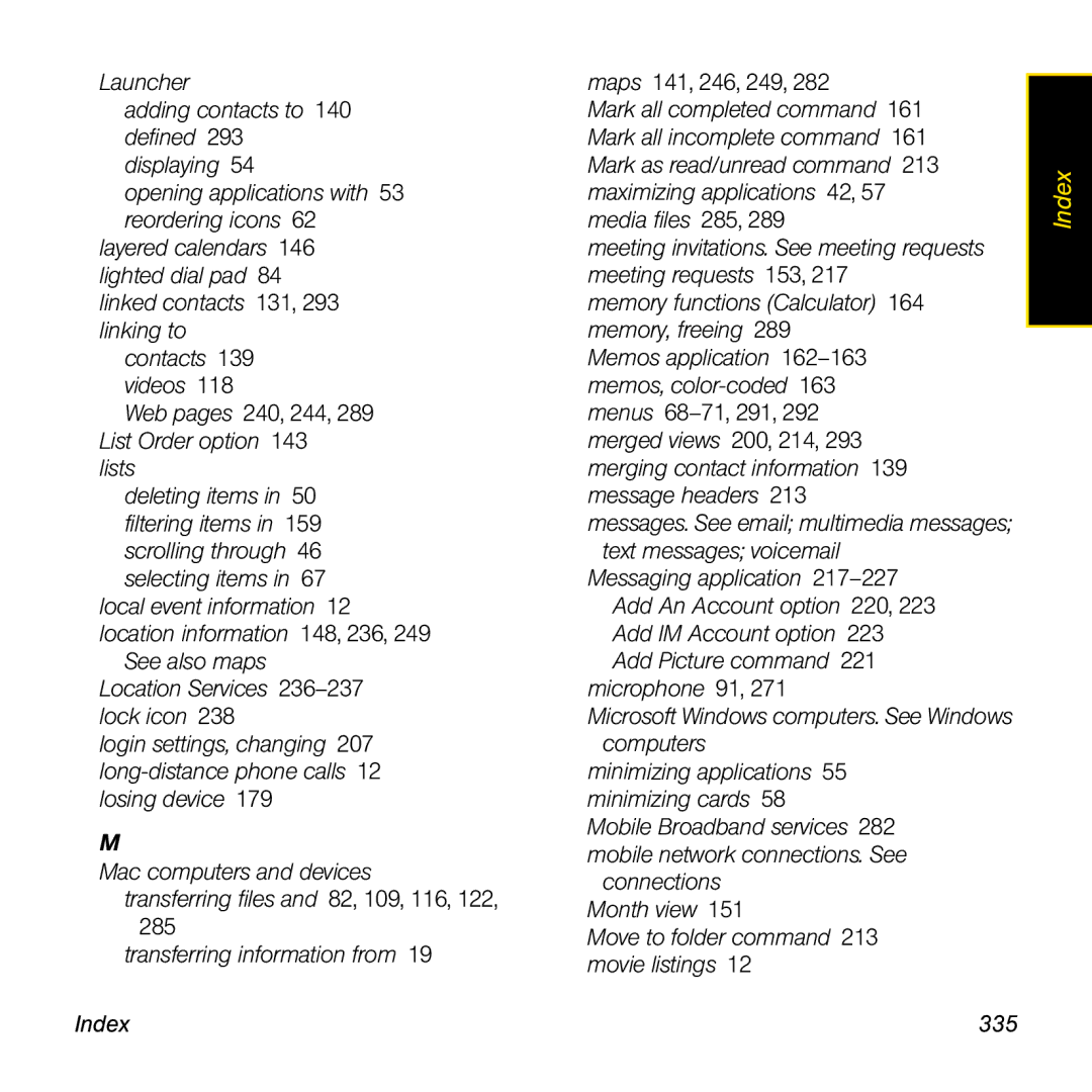 Palm Pre manual Index 335 