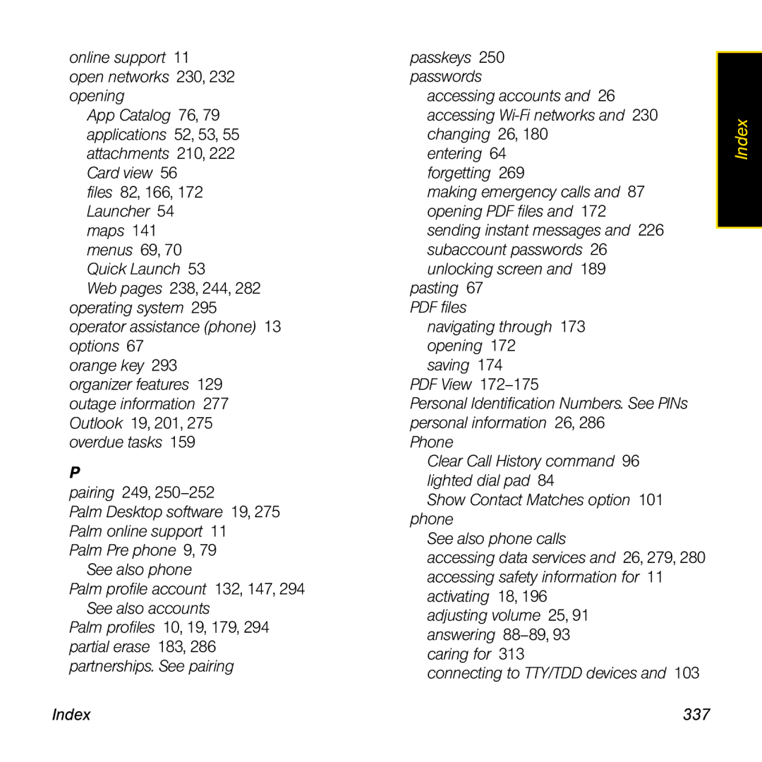 Palm Pre manual Index 337 