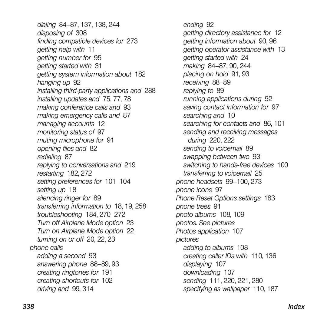 Palm Pre manual Index 