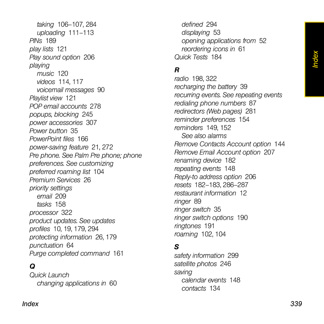 Palm Pre manual Index 339 