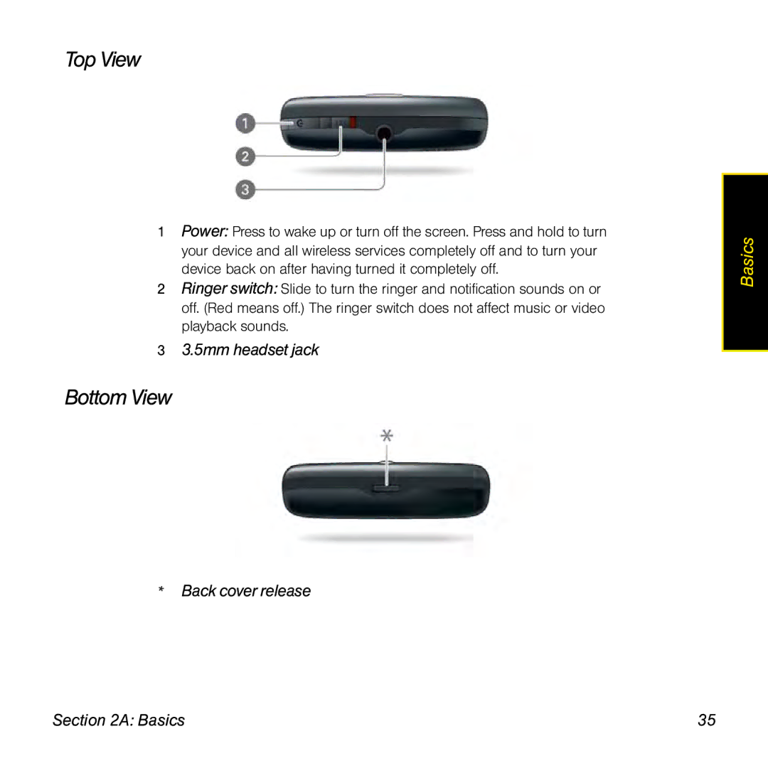 Palm Pre manual Top View, Bottom View, 5mm headset jack, Back cover release 
