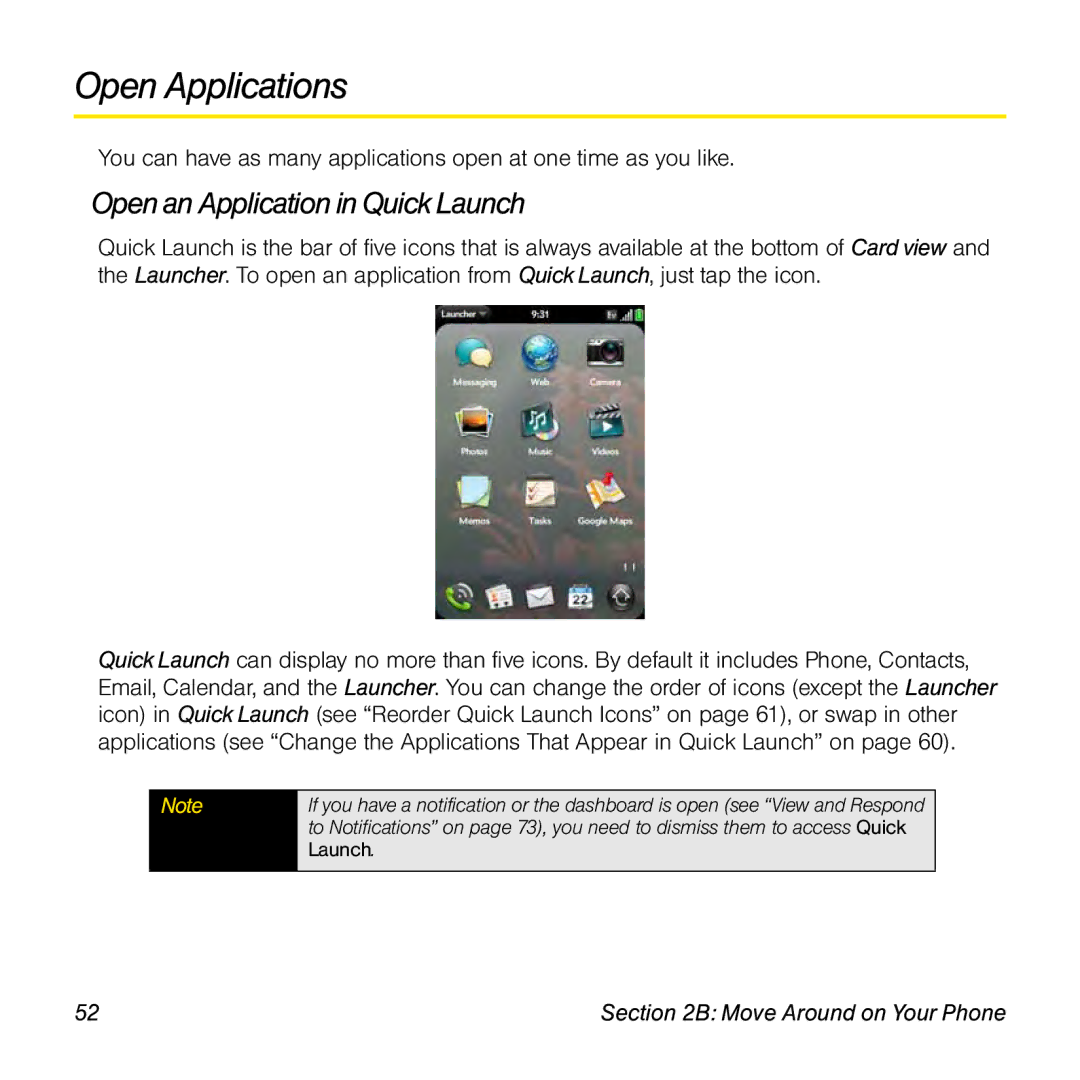 Palm Pre manual Open Applications, Openan Application in Quick Launch 