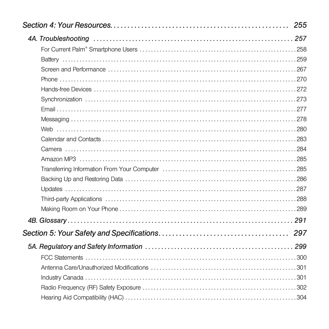 Palm Pre manual Your Resources, 5A. Regulatory and Safety Information 