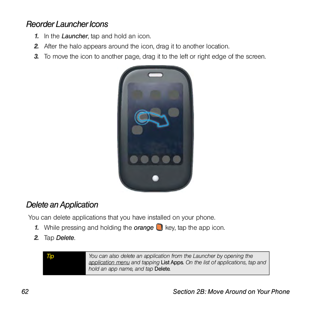 Palm Pre manual Reorder LauncherIcons, Delete an Application, Tap Delete 