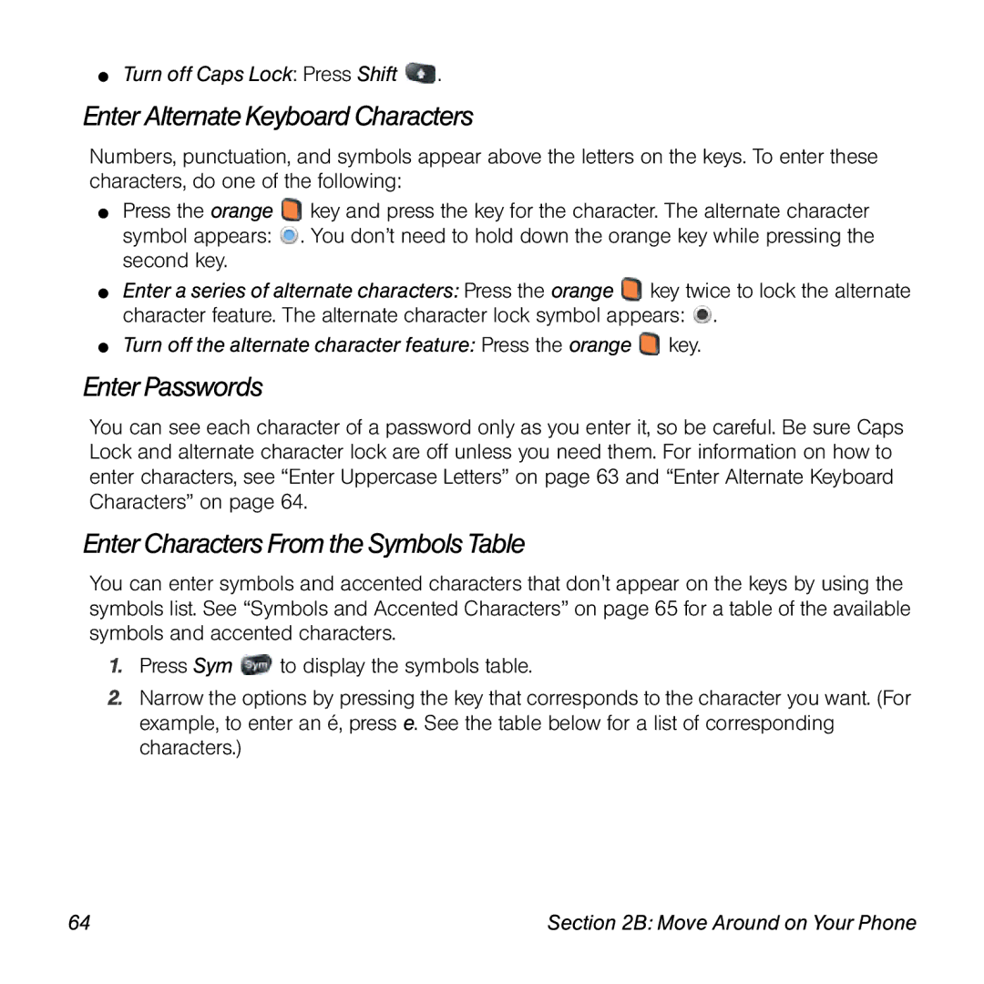 Palm Pre manual Enter Alternate Keyboard Characters, Enter Passwords, Enter Characters From the Symbols Table 