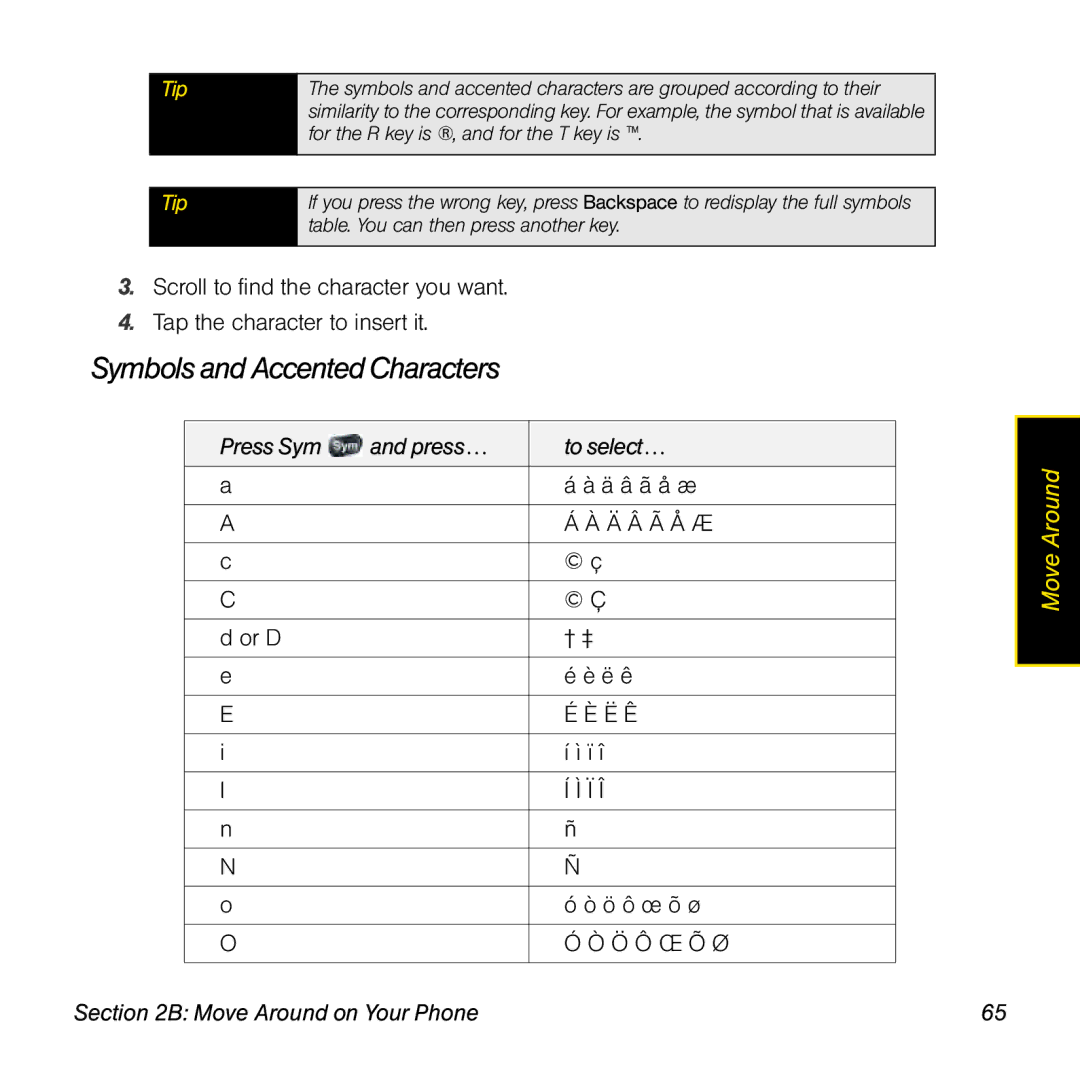 Palm manual Symbols and Accented Characters, Press Sym Press… To select… Ä â ã å æ, Or D † ‡ Ë ê, Ö ô œ õ ø 