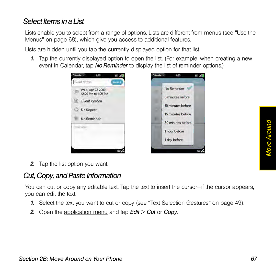 Palm Pre manual Select Items in a List, Cut, Copy, and Paste Information 