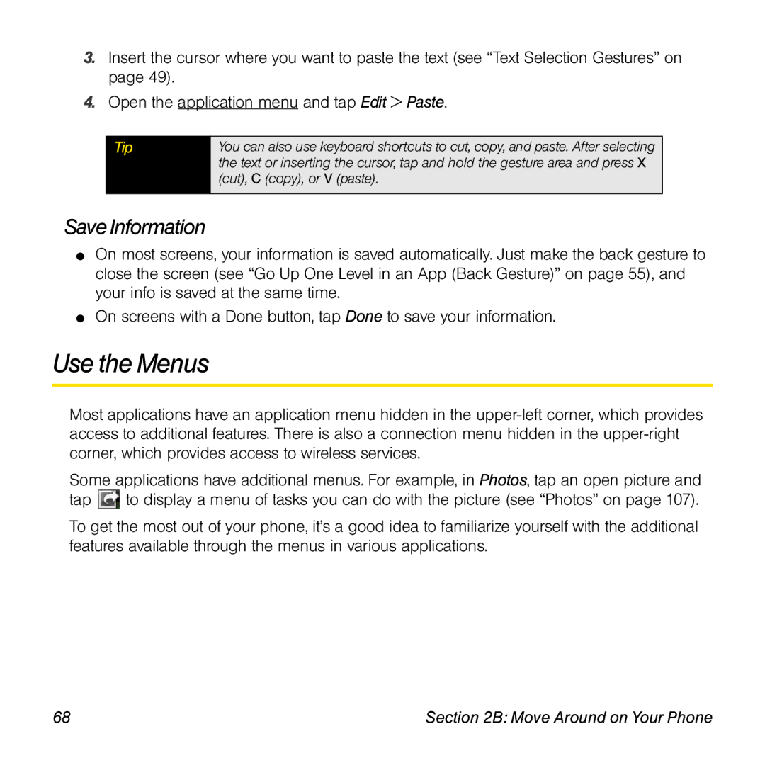 Palm Pre manual Use the Menus, Save Information 