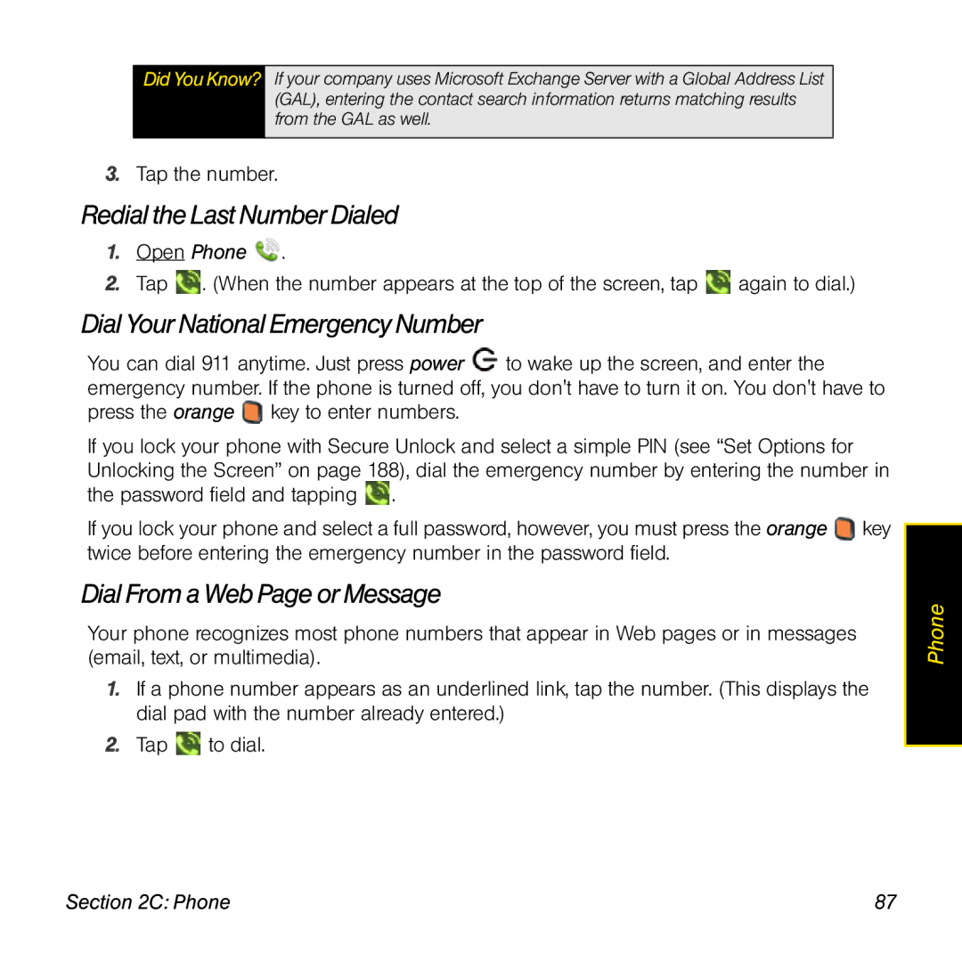Palm Pre manual Redial the Last Number Dialed, Dial YourNational Emergency Number, Dial From a Web Pageor Message 