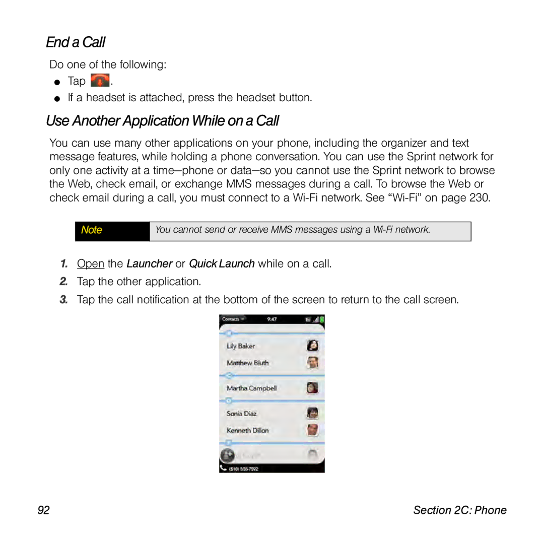 Palm Pre manual End a Call, Use Another ApplicationWhileona Call 