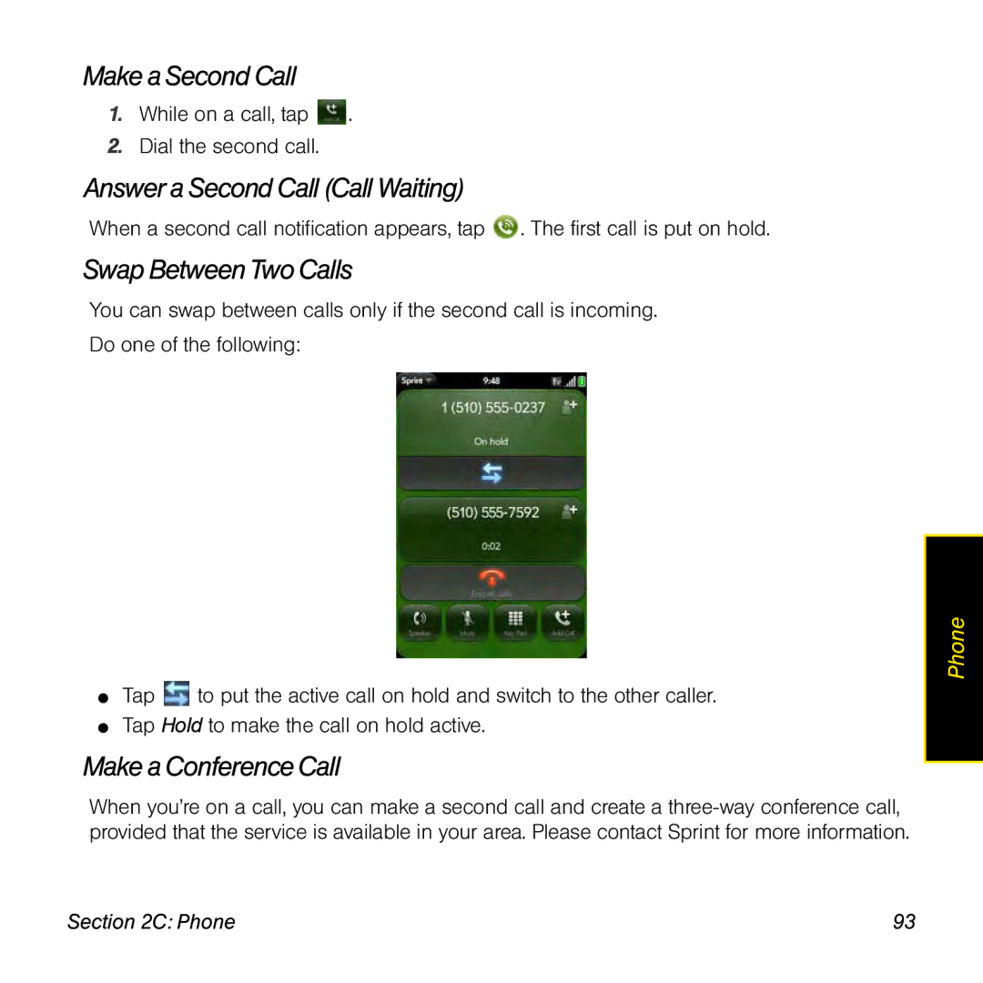 Palm Pre manual Make aSecond Call, Answer a Second Call Call Waiting, Swap Between Two Calls, Make aConference Call 