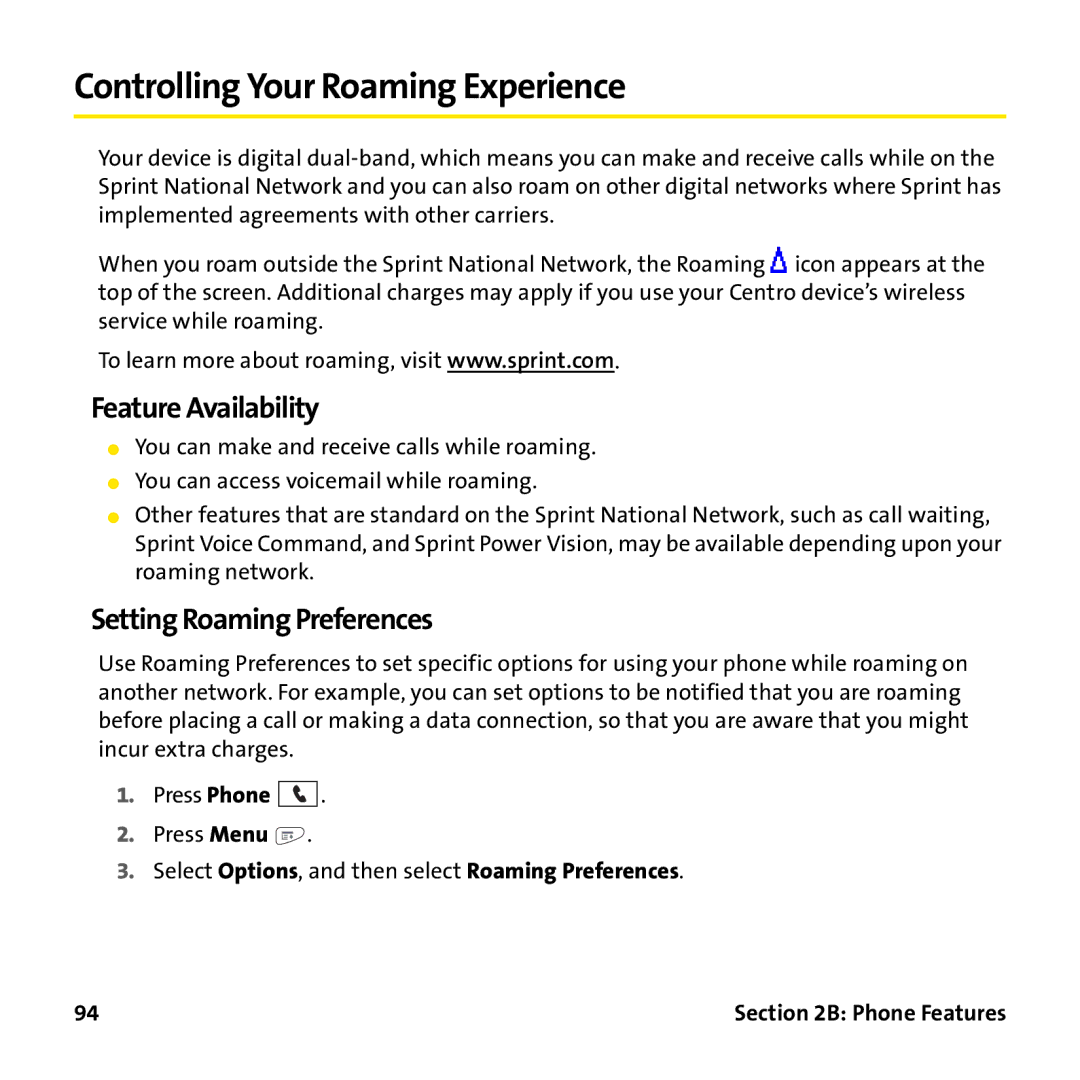 Palm PTR690HKP manual Controlling Your Roaming Experience, Feature Availability, Setting Roaming Preferences 