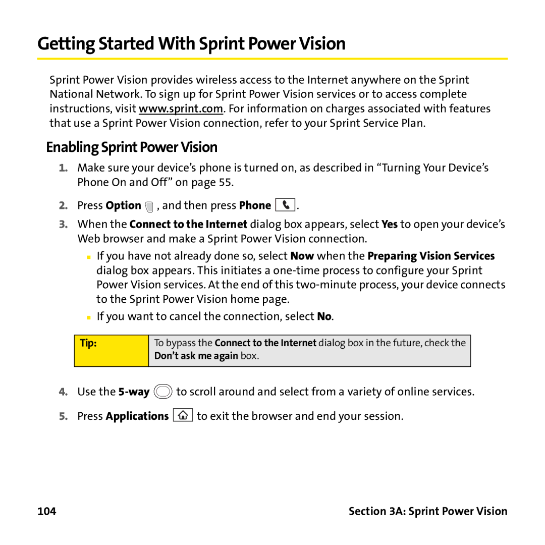 Palm PTR690HKP manual Getting Started With Sprint Power Vision, Enabling Sprint Power Vision, 104 