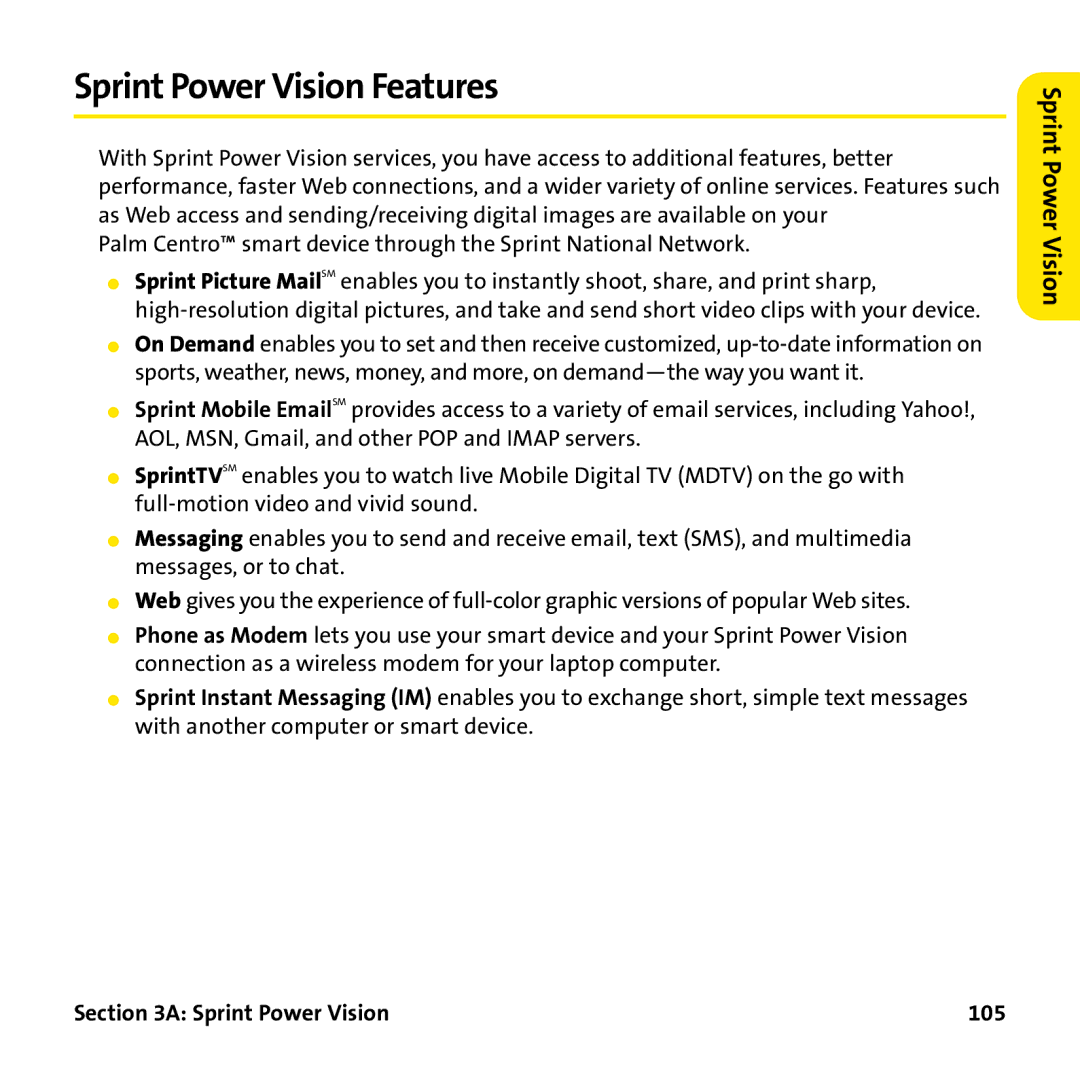 Palm PTR690HKP manual Sprint Power Vision Features, Sprint Power Vision 105 