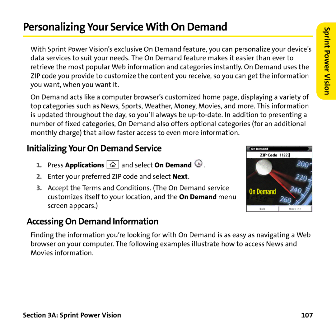 Palm PTR690HKP Personalizing Your Service With On Demand, Initializing Your On Demand Service, Sprint Power Vision 107 