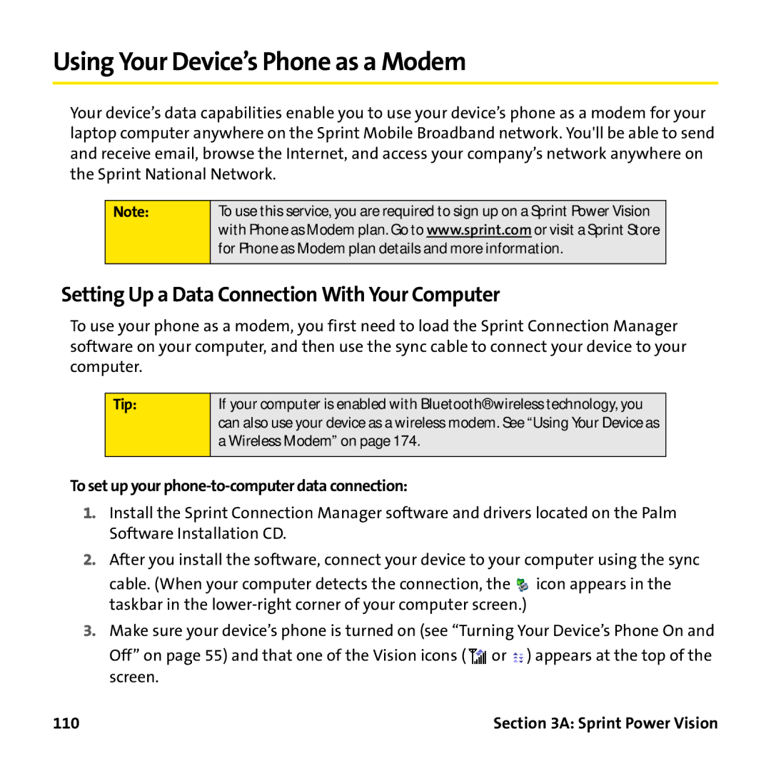 Palm PTR690HKP manual Using Your Device’s Phone as a Modem, Setting Up a Data Connection With Your Computer, 110 