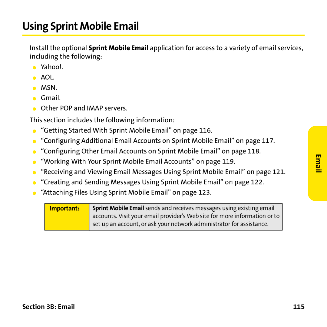 Palm PTR690HKP manual Using Sprint Mobile Email, 115 