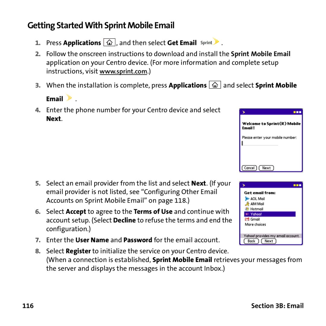 Palm PTR690HKP manual Getting Started With Sprint Mobile Email, 116 