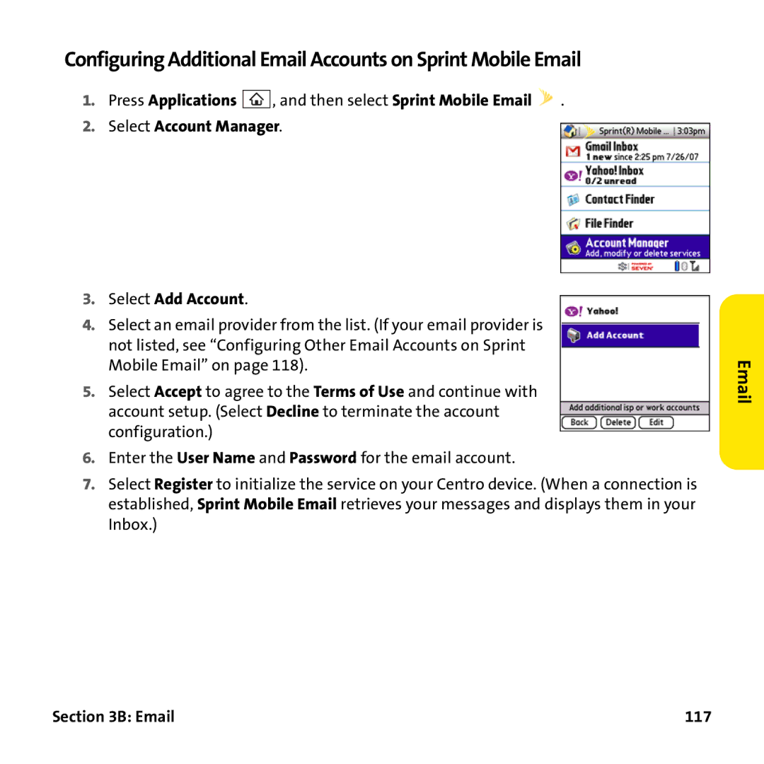 Palm PTR690HKP manual Configuring Additional Email Accounts on Sprint Mobile Email, 117 