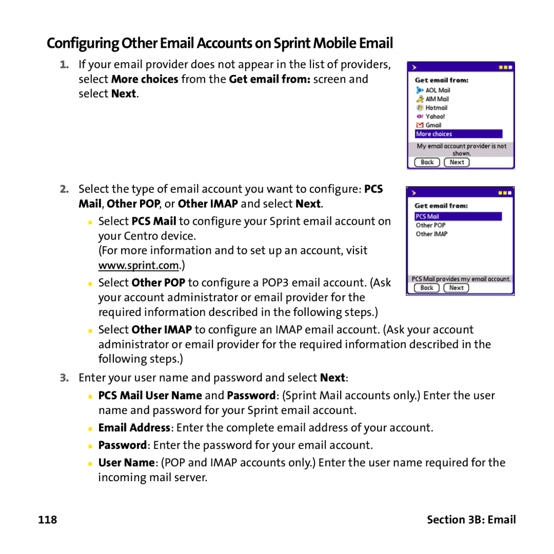 Palm PTR690HKP manual Configuring Other Email Accounts on Sprint Mobile Email, 118 