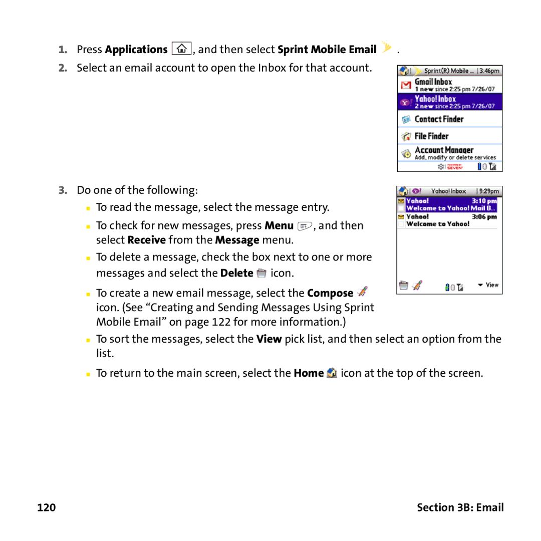 Palm PTR690HKP manual Press Applications , and then select Sprint Mobile Email, 120 