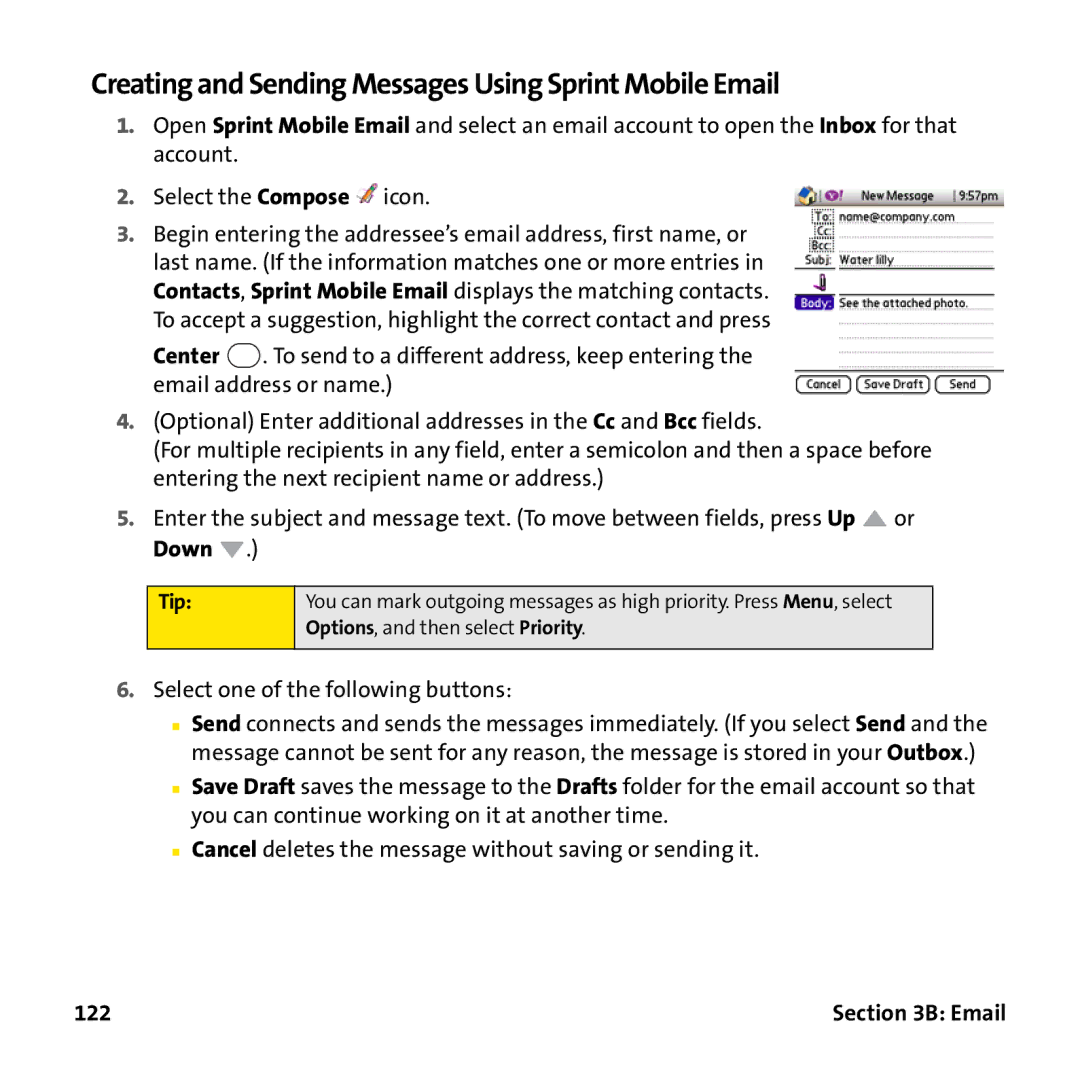 Palm PTR690HKP manual Creating and Sending Messages Using Sprint Mobile Email, 122 