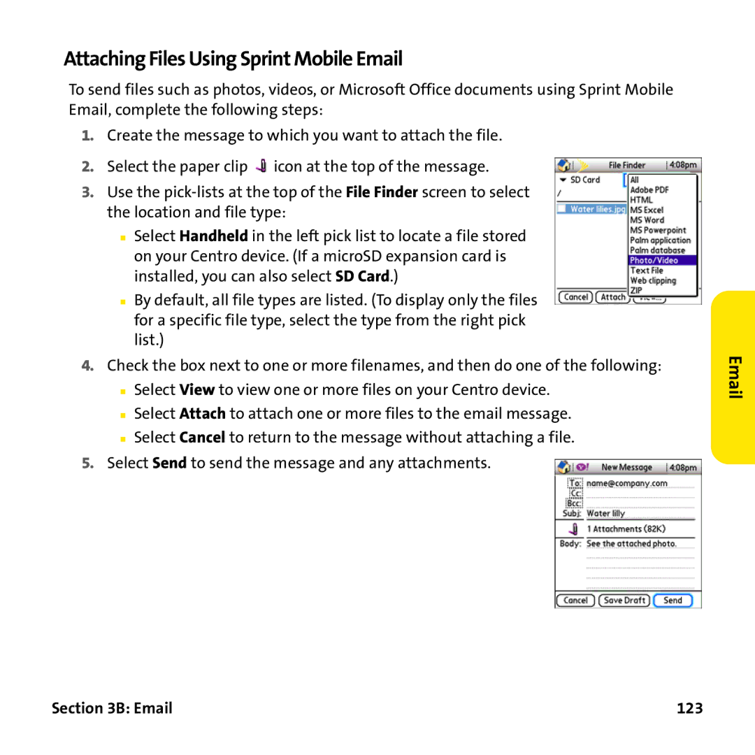 Palm PTR690HKP manual Attaching Files Using Sprint Mobile Email, 123 