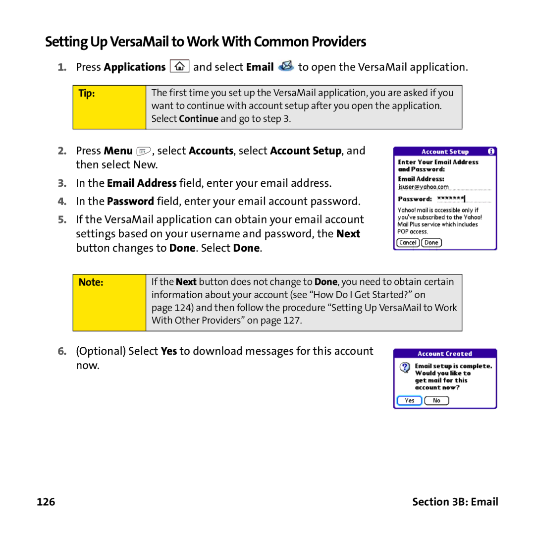 Palm PTR690HKP manual Setting Up VersaMail to Work With Common Providers, 126 