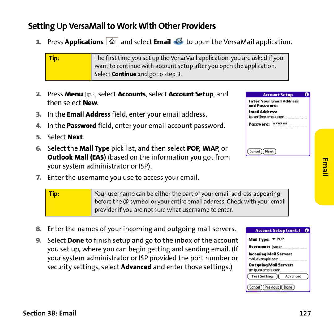 Palm PTR690HKP manual Setting Up VersaMail to Work With Other Providers, 127 