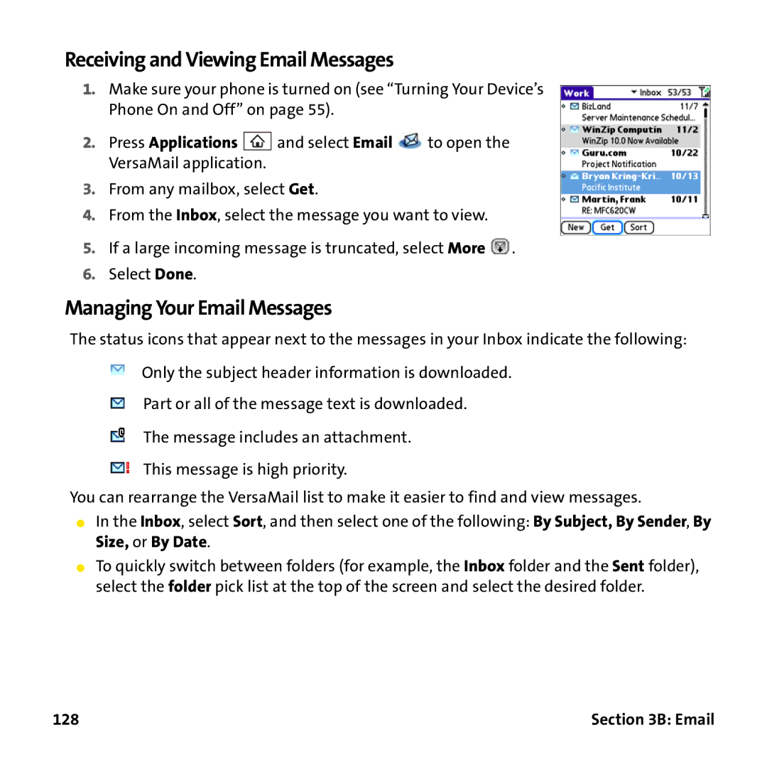 Palm PTR690HKP manual Receiving and Viewing Email Messages, Managing Your Email Messages, 128 