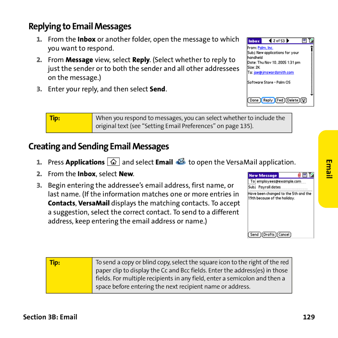 Palm PTR690HKP manual Replying to Email Messages, Creating and Sending Email Messages, 129 