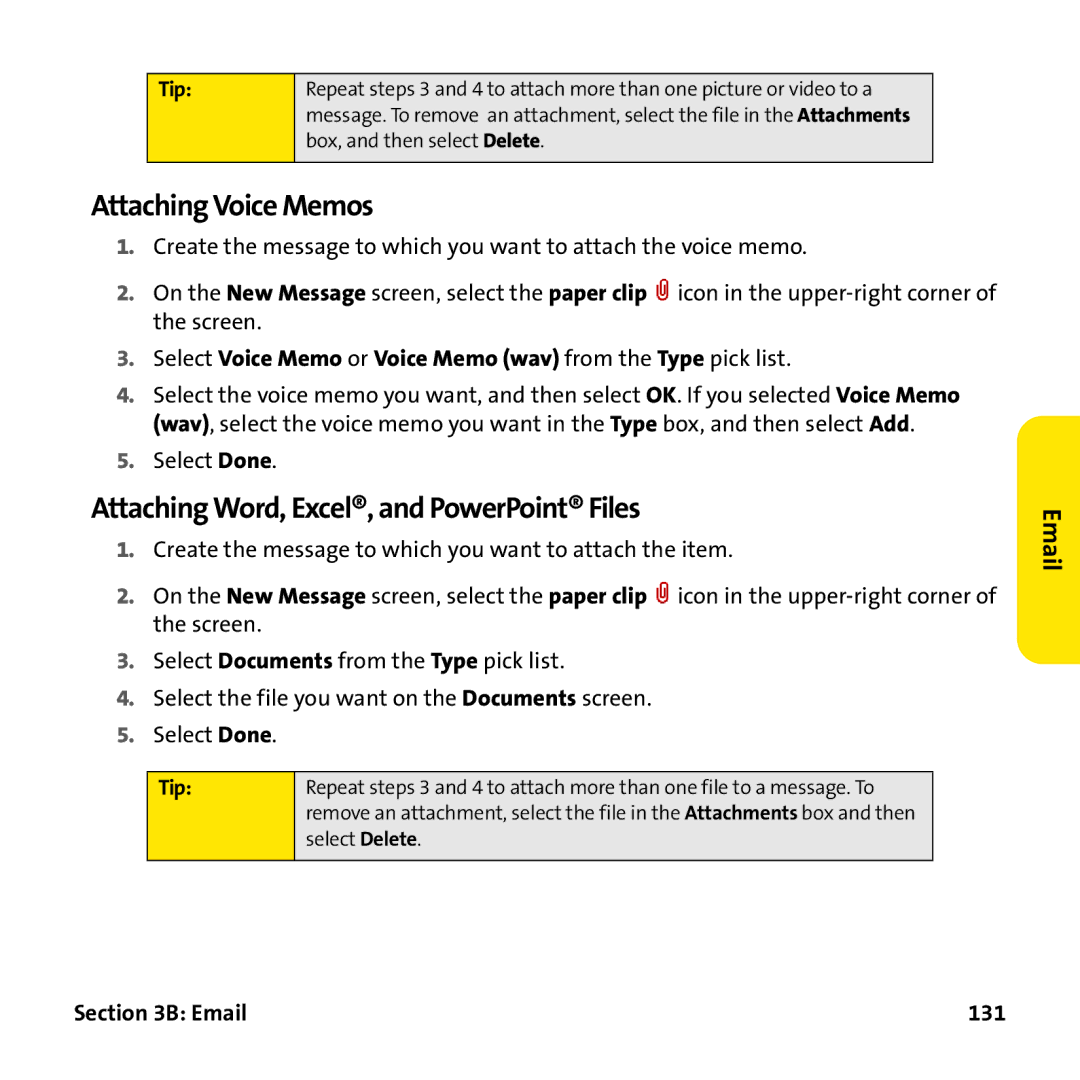 Palm PTR690HKP manual Attaching Voice Memos, Attaching Word, Excel, and PowerPoint Files, 131 