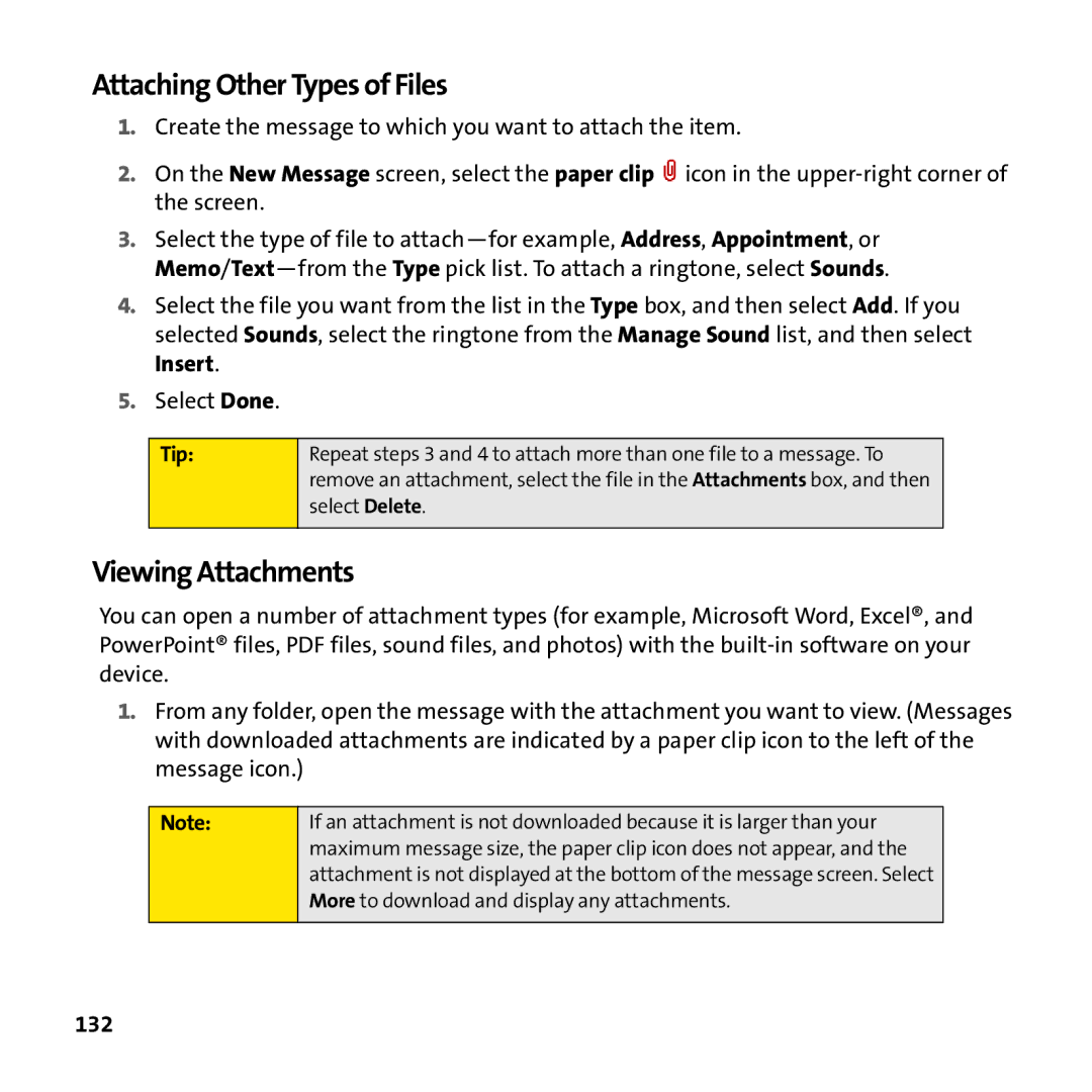Palm PTR690HKP manual Attaching Other Types of Files, Viewing Attachments, 132 