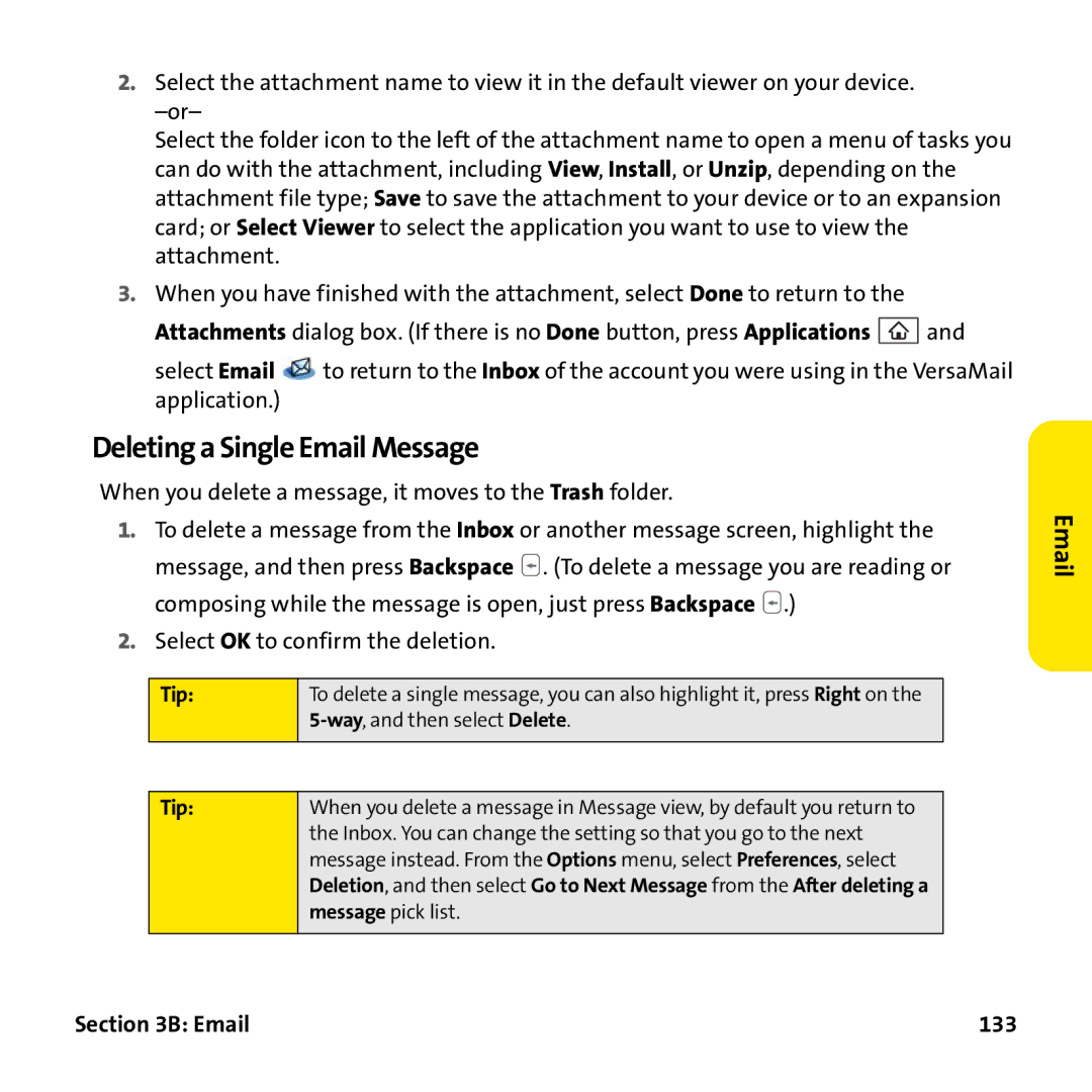 Palm PTR690HKP manual Deleting a Single Email Message, 133 