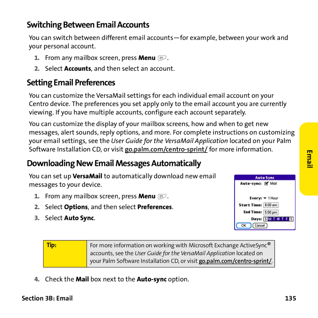 Palm PTR690HKP Switching Between Email Accounts, Setting Email Preferences, Downloading New Email Messages Automatically 