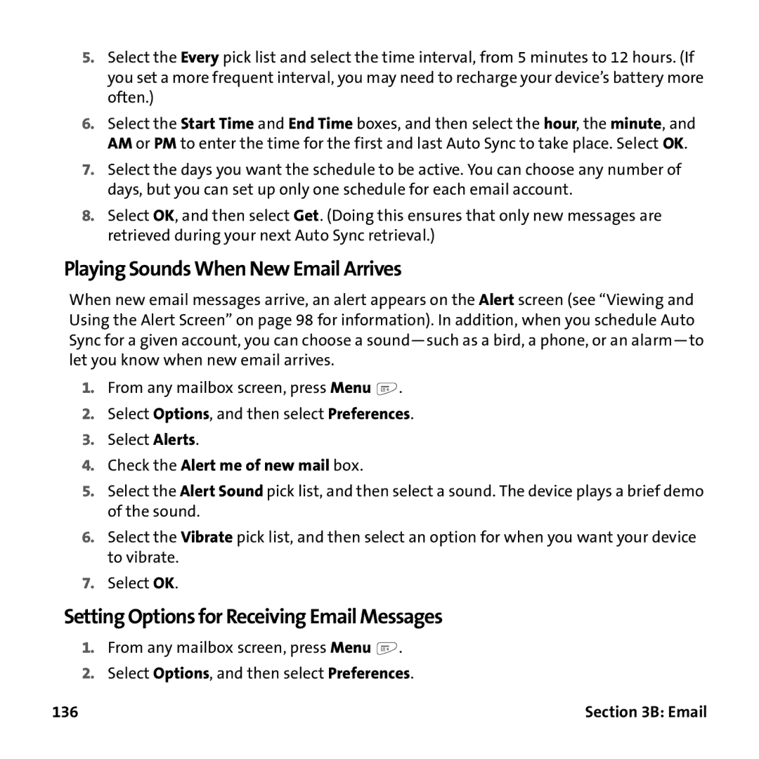 Palm PTR690HKP manual Playing Sounds When New Email Arrives, Setting Options for Receiving Email Messages, 136 