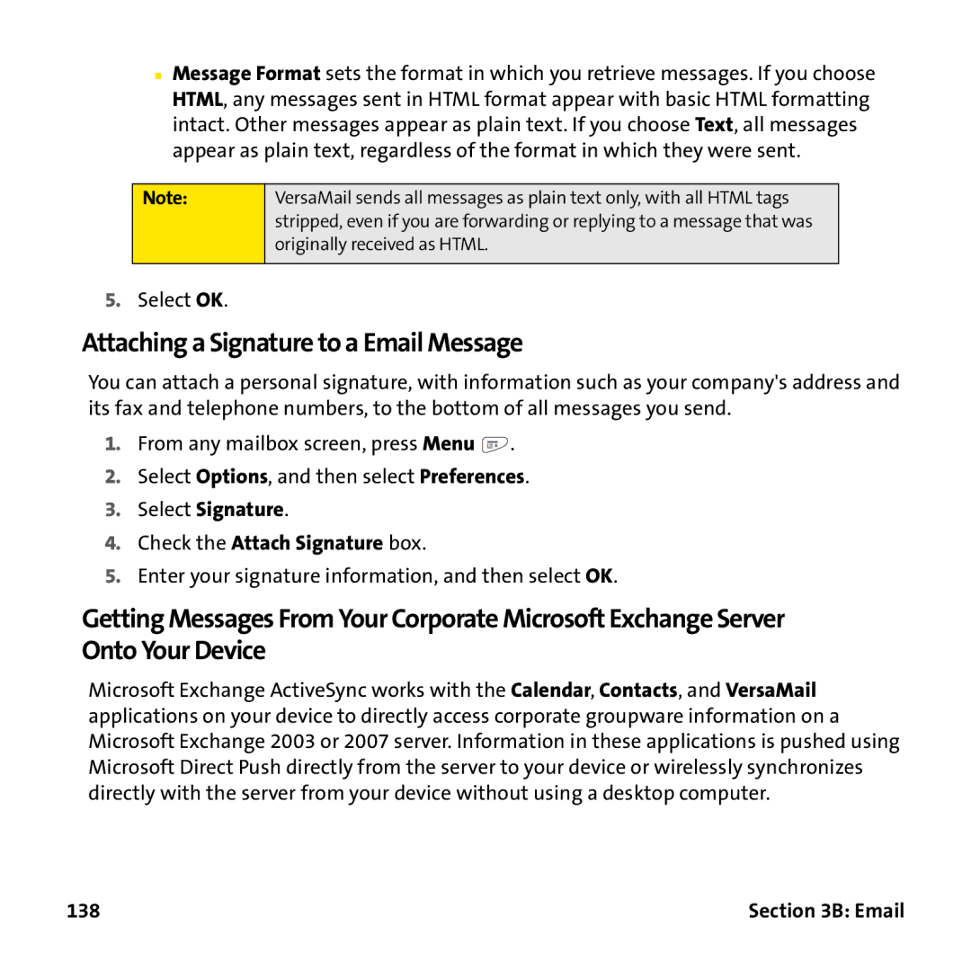 Palm PTR690HKP manual Attaching a Signature to a Email Message, Select Signature Check the Attach Signature box, 138 