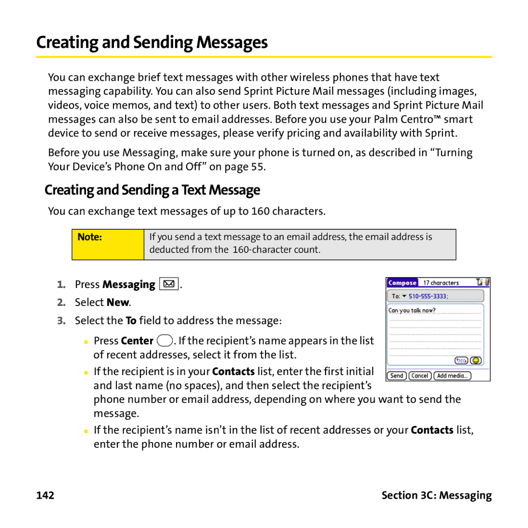 Palm PTR690HKP manual Creating and Sending Messages, Creating and Sending a Text Message, Press Messaging, 142 