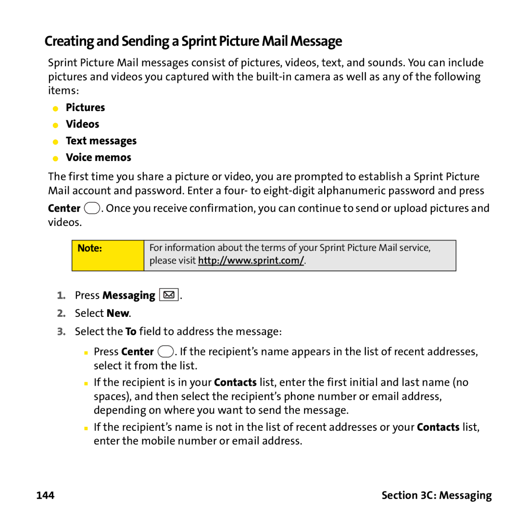 Palm PTR690HKP manual Creating and Sending a Sprint Picture Mail Message, Pictures Videos Text messages Voice memos, 144 