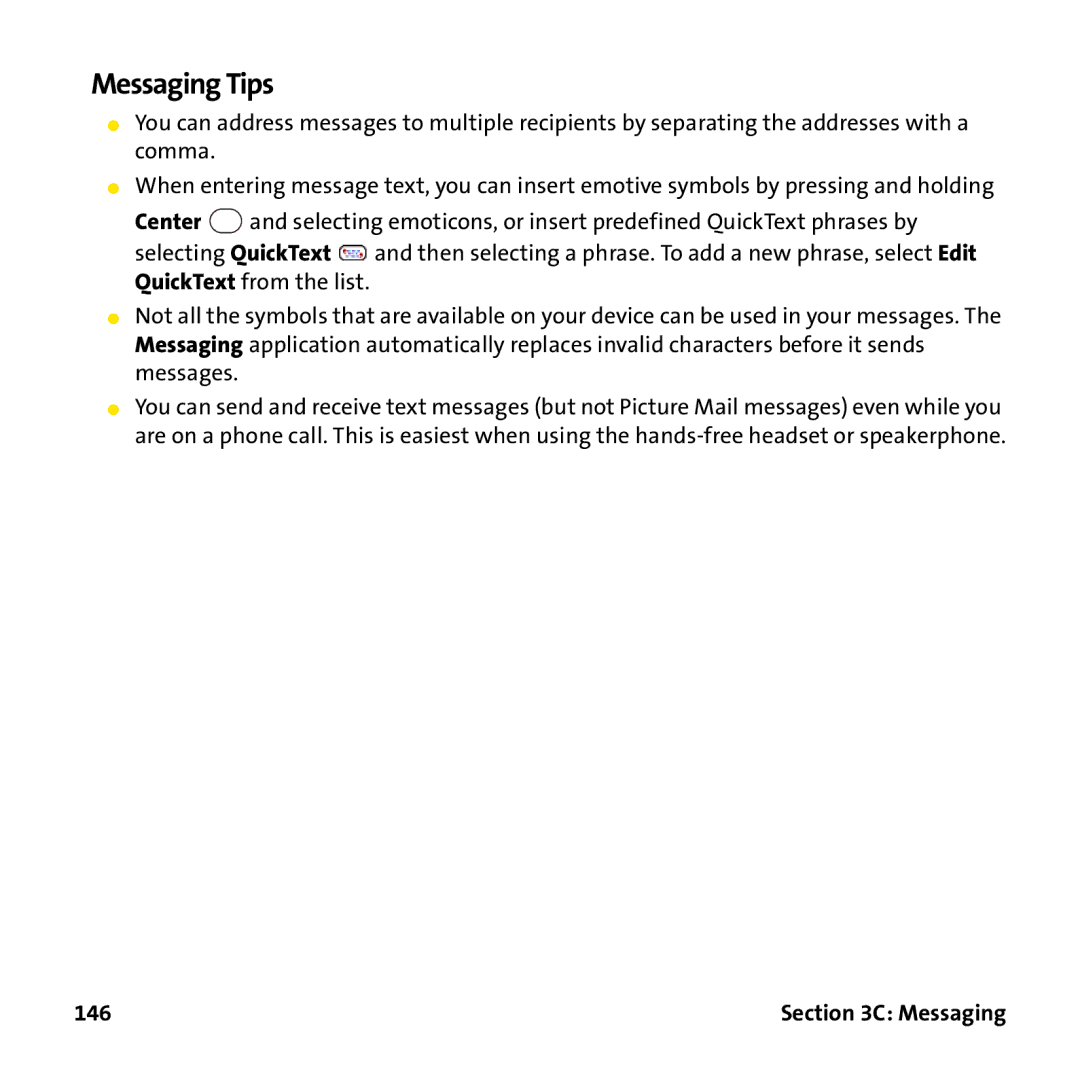 Palm PTR690HKP manual Messaging Tips, 146 