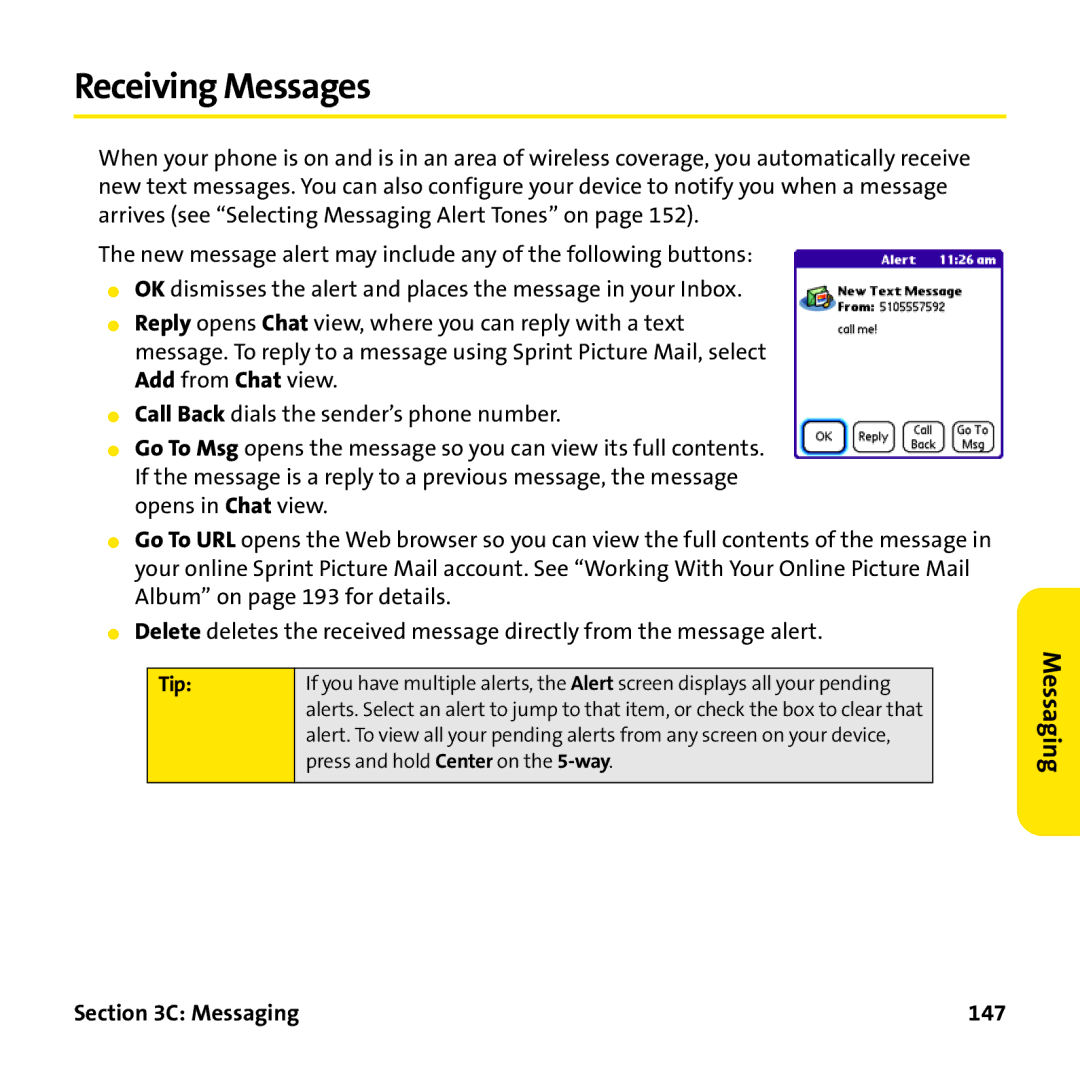 Palm PTR690HKP manual Receiving Messages, Messaging 147 