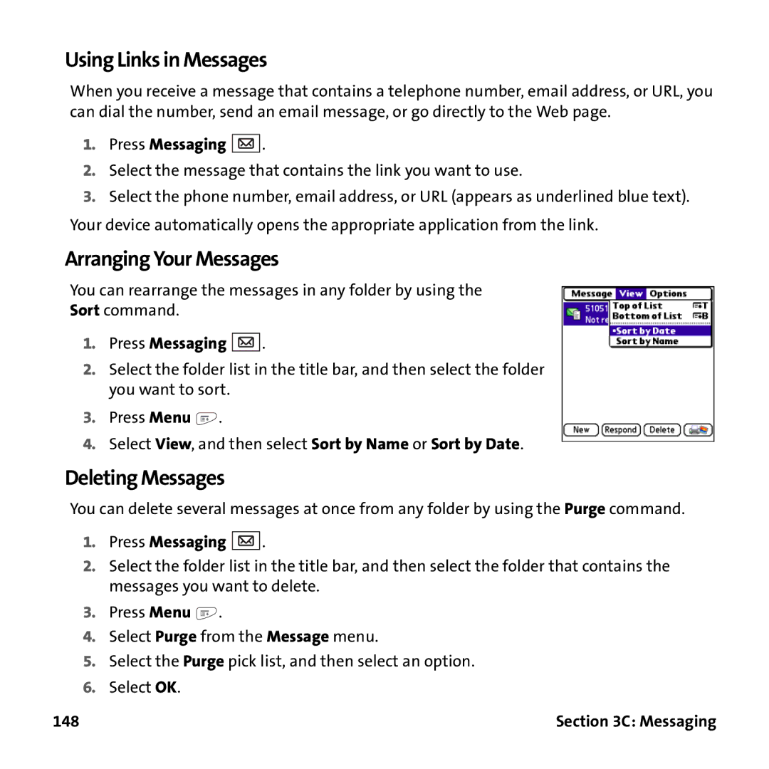 Palm PTR690HKP manual Using Links in Messages, Arranging Your Messages, Deleting Messages, 148 