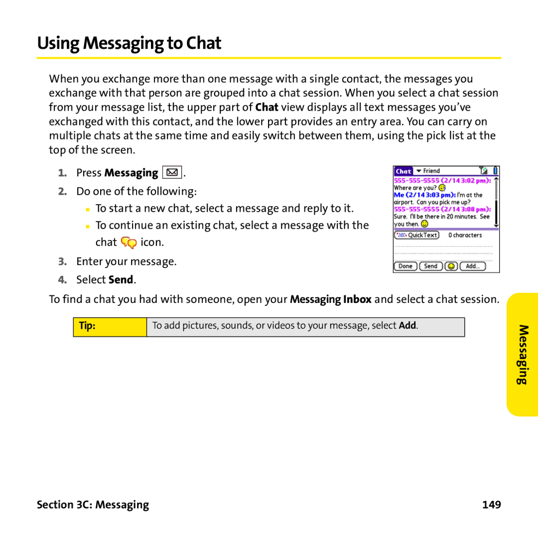 Palm PTR690HKP manual Using Messaging to Chat, Messaging 149 