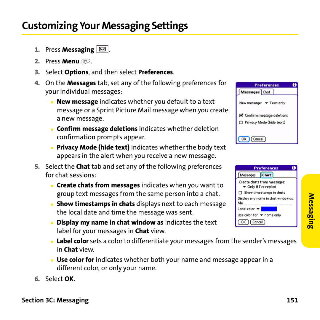 Palm PTR690HKP manual Customizing Your Messaging Settings, Messaging 151 